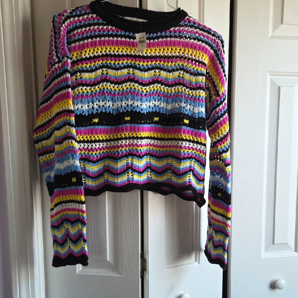 Cellecci Colorful Striped Open Knit Cropped Sweater